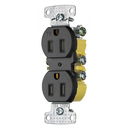 Hubbell Wiring Device-Kellems Straight Blade Receptacle, 5-15R, 15 A, 125V AC, 2 Pole, 3 Wire, Flush Mount, Self-Grounded RR15SBKTR